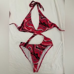 Pink Black Swirl One Piece Swimsuit with Multi Cutouts